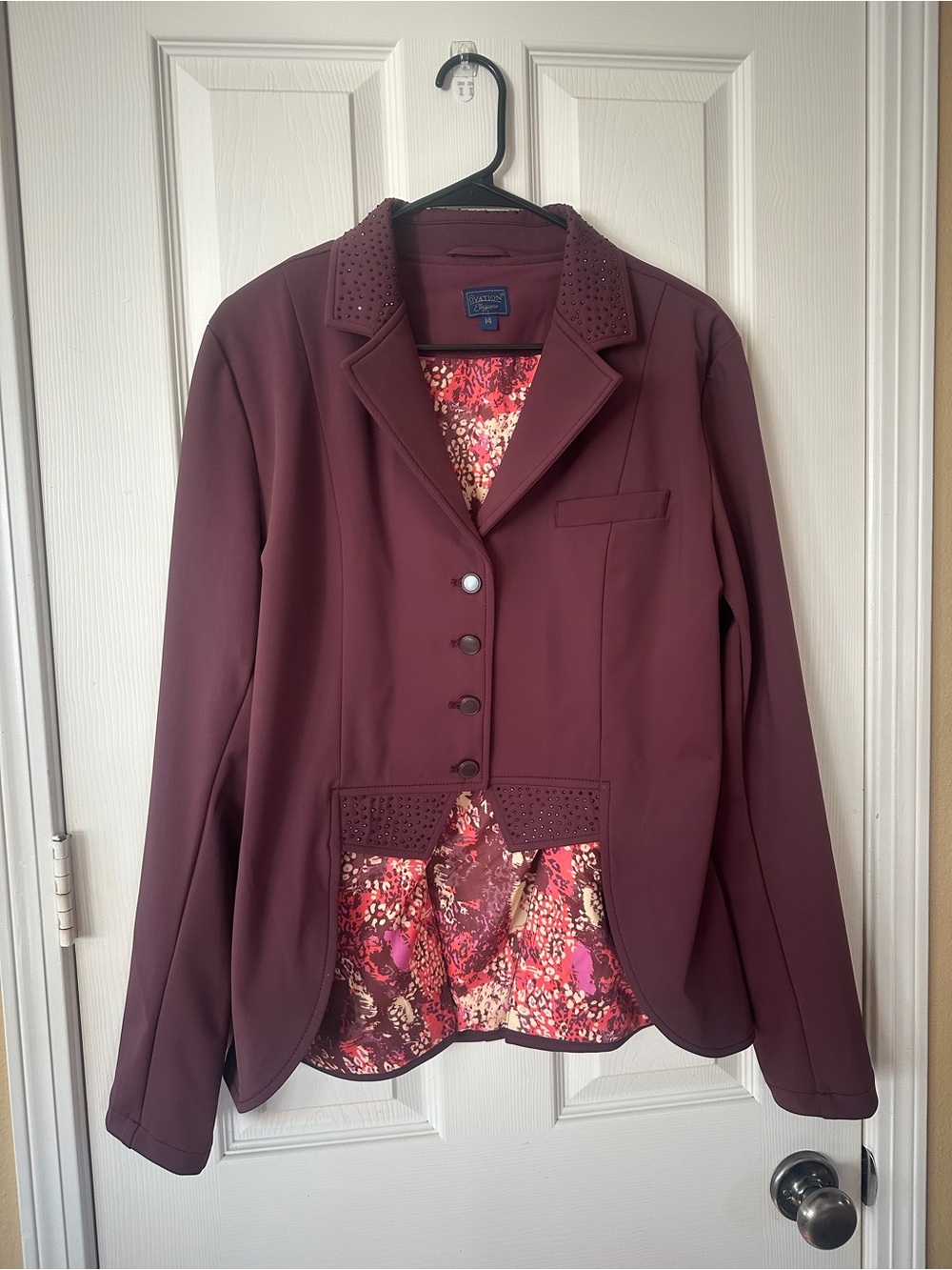 Ovation Deepest Plum Embellished Short Tail Equestrian Show Coat, size 14